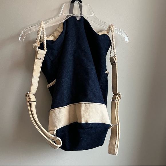 Unbranded Blue Denim Unisex Medium Backpack Cream Straps Trim Zip Pouch Included - Picture 2 of 7